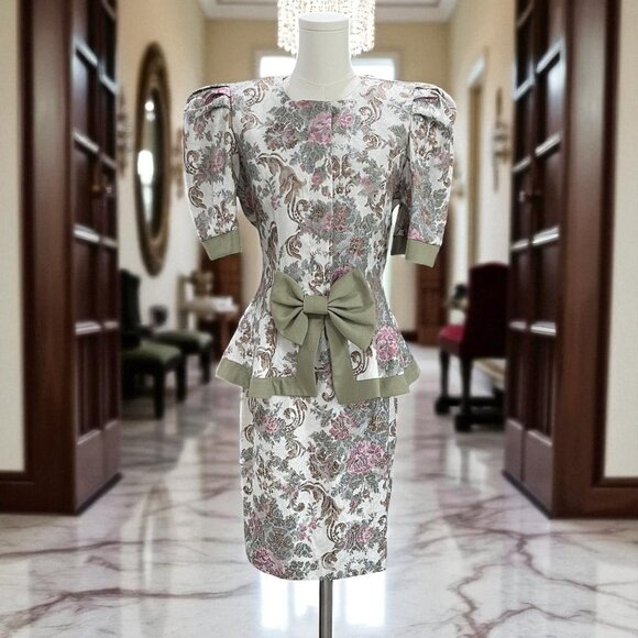 Vintage SL Fashions Floral Brocade Dress Set Puff Sleeve Peplum Bow Size 7/8 USA - Picture 1 of 14
